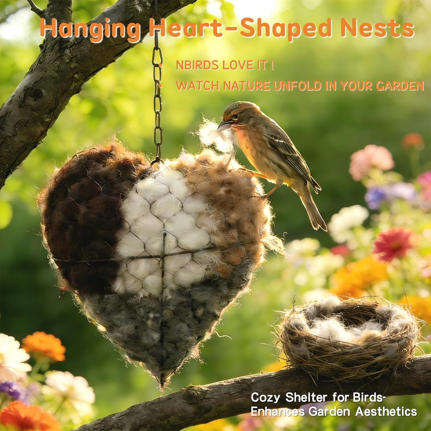 Alpaca fiber nest heart with birds shows seasonal shelter for wild visitors