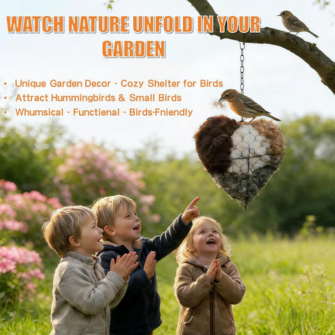Alpaca fiber nest heart garden scene reflects decorative, functional yard art