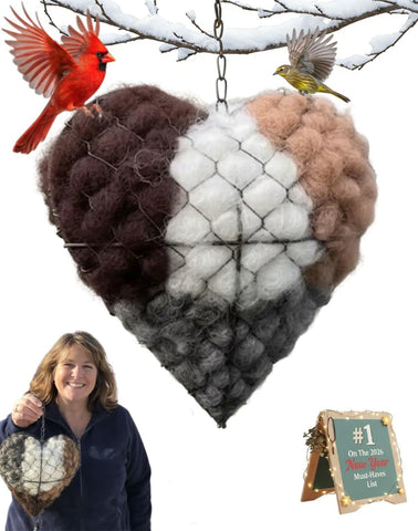 Alpaca fiber nest heart overview showing durable, reusable bird shelter for backyards