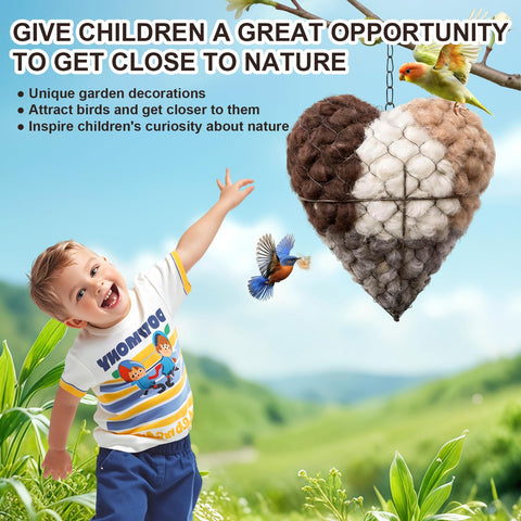 Heart-shaped nest displayed in a sunny garden setting for birds.
