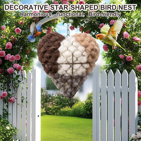 Nesting heart hanging among plants enhances garden decor and wildlife activity.