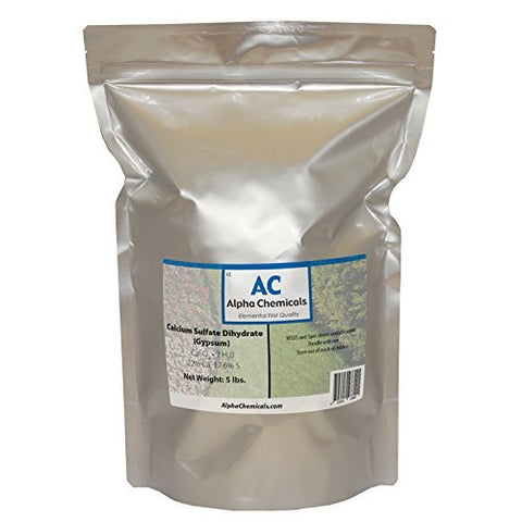 Alpha Chemicals Calcium Sulfate Dihydrate gypsum powder in a bag for soil conditioning.
