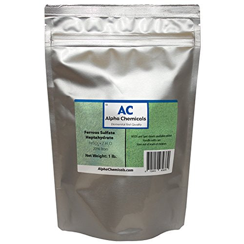 Alpha Chemicals Ferrous sulfate heptahydrate 1lb package for reliable iron supplementation and water treatment.