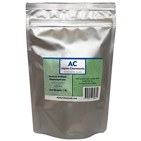 Alpha Chemicals Ferrous sulfate heptahydrate 1lb package for reliable iron supplementation and water treatment.