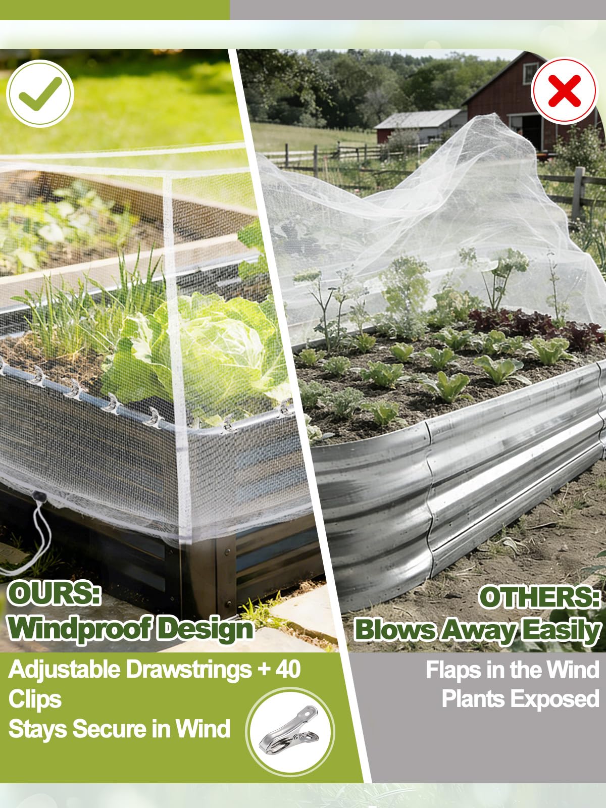 Alphatool drawstrings secure the cover around raised bed edges during wind.