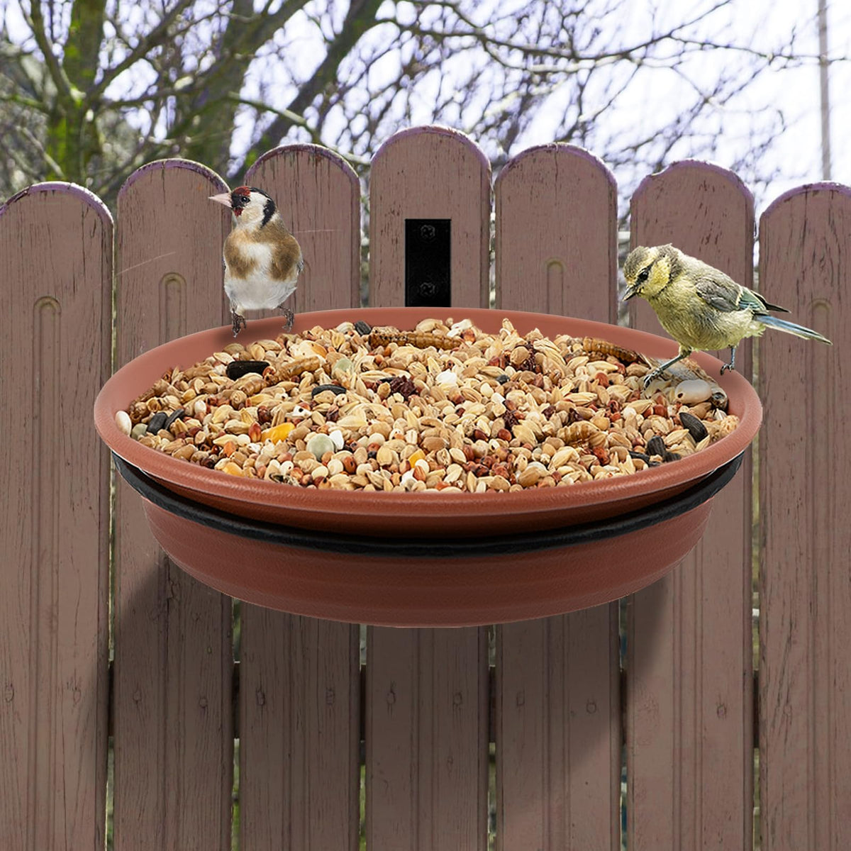 Alphatool fence bird feeder tray in brown for easy yard viewing