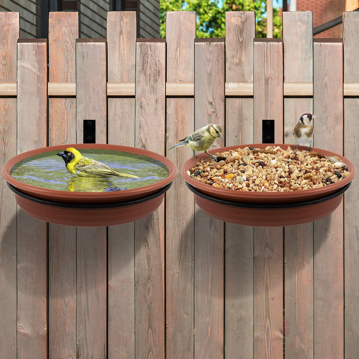 Alphatool fence bird feeders tray mounted on a wooden fence for outdoor feeding.