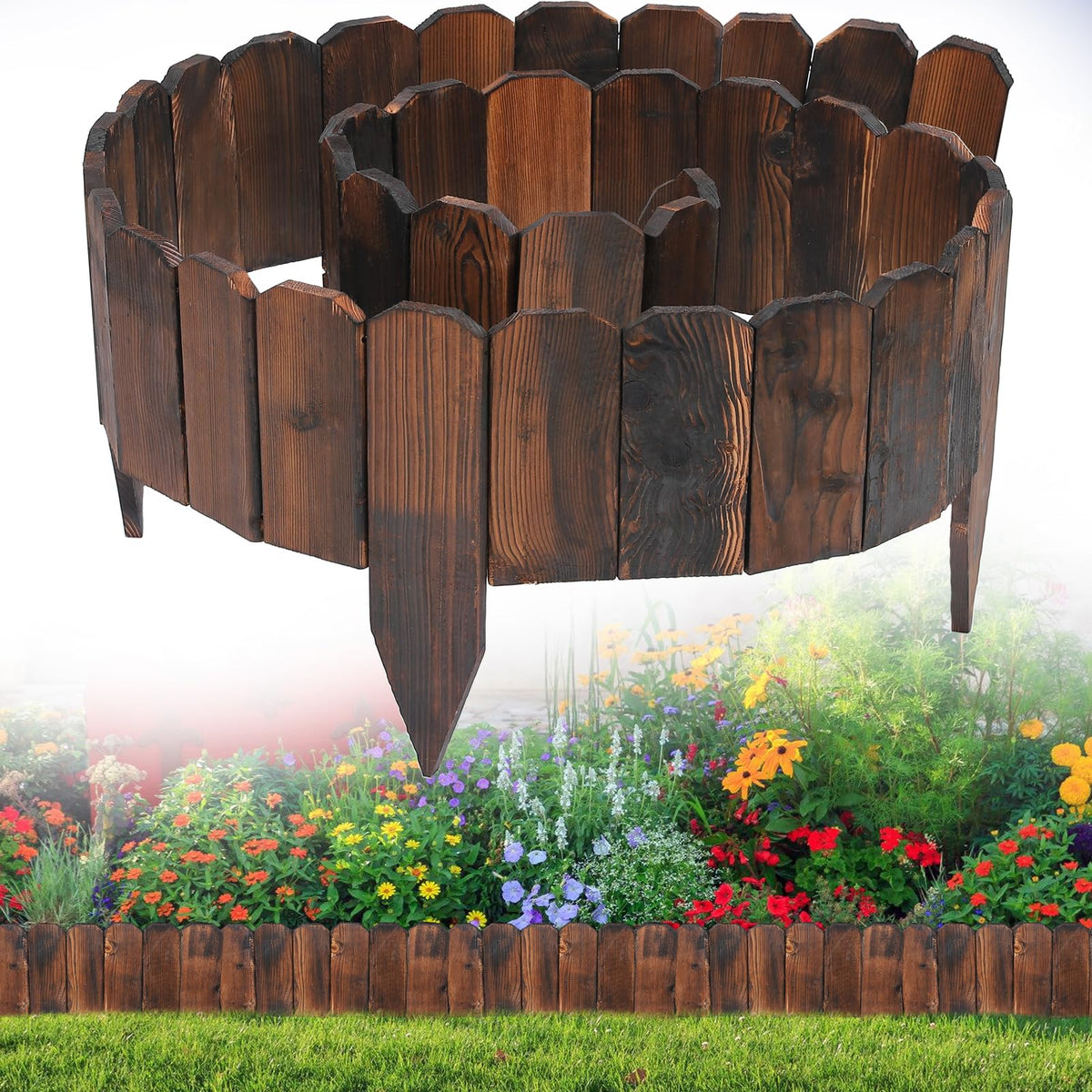 Alphatool Rustic Pine Edging main view highlights sturdy, weather-resistant garden border.