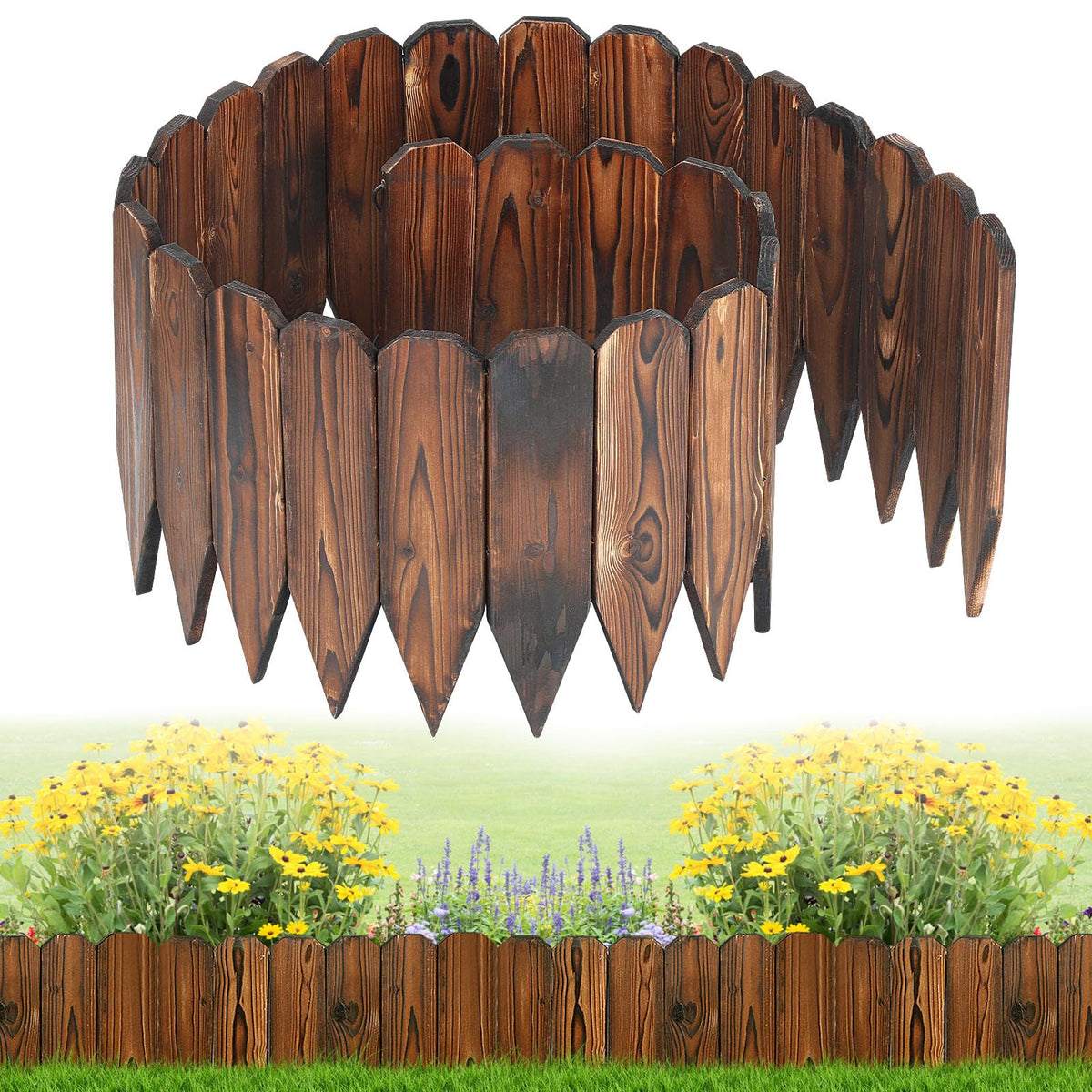 Alphatool rustic pine garden fence front view for neat borders and defined flower beds