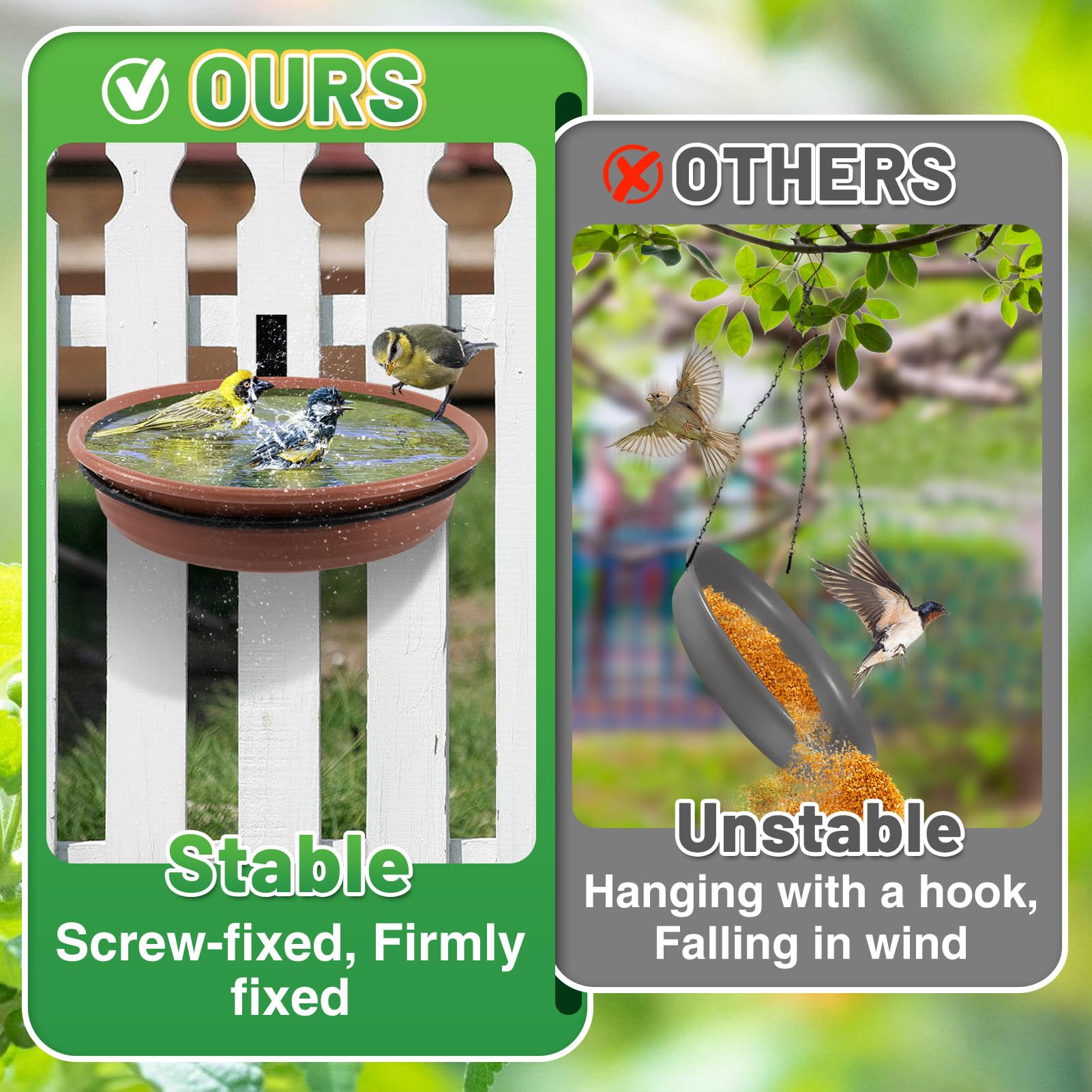 Alphatool bird bath tray on tree mount showing dual feeding and watering use.