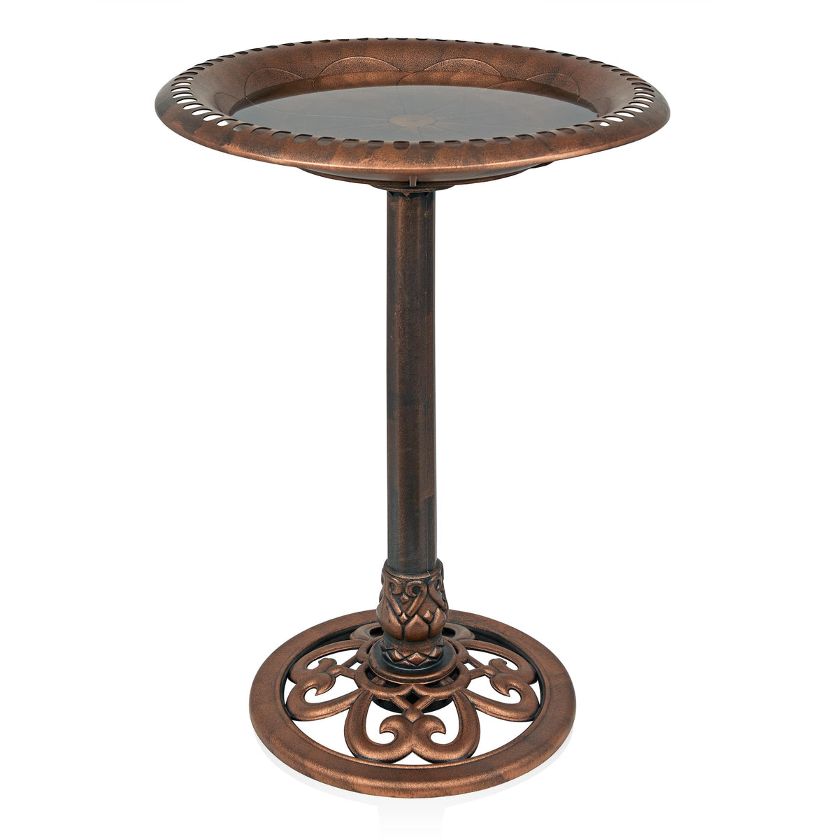 Alpine Corporation 28-inch bronze pedestal birdbath with scrollwork base inviting songbirds to your garden.