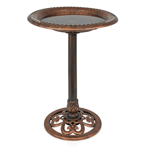 Alpine Corporation 28-inch bronze pedestal birdbath with scrollwork base inviting songbirds to your garden.