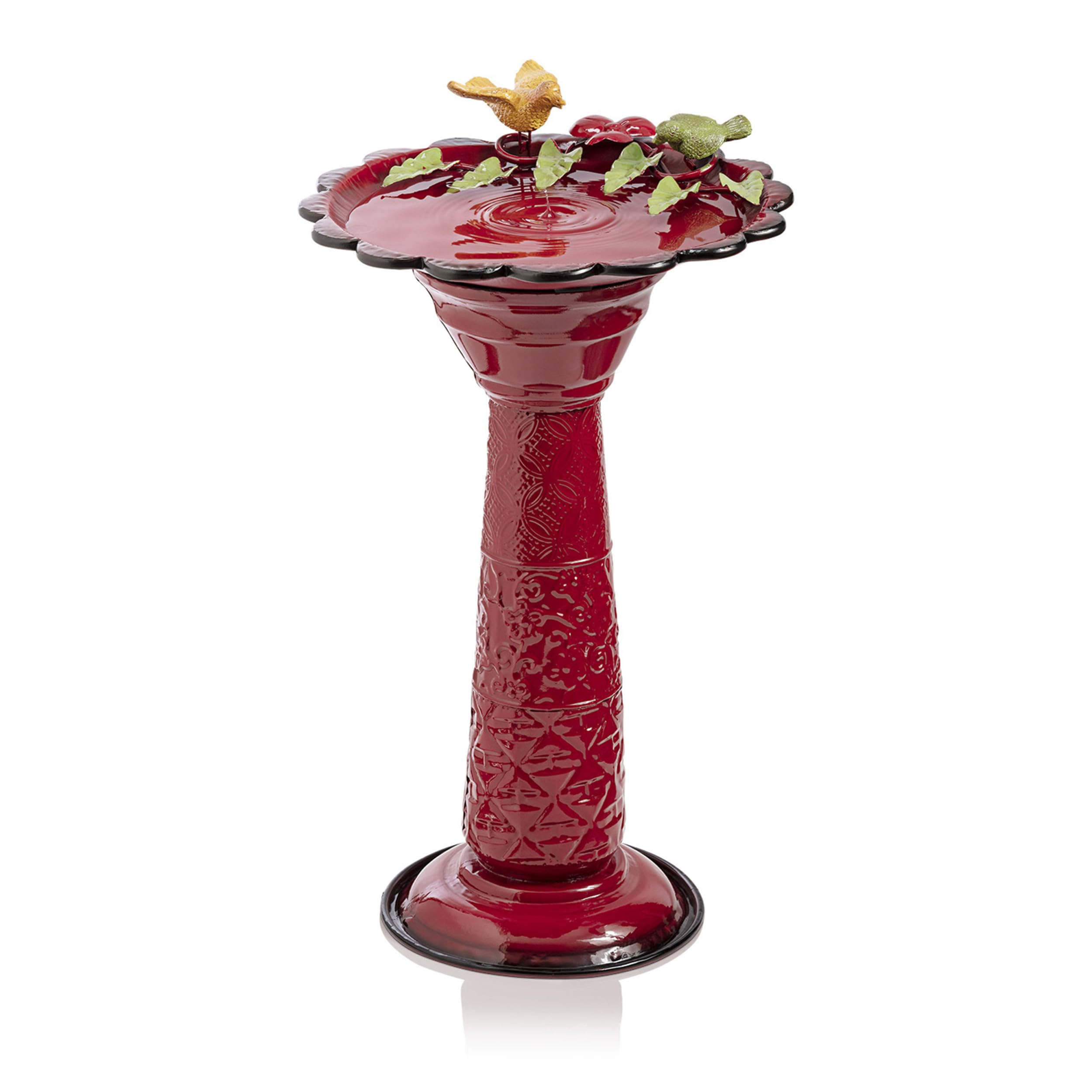 Alpine Corporation 28-inch red glossy birdbath attracts garden birds.