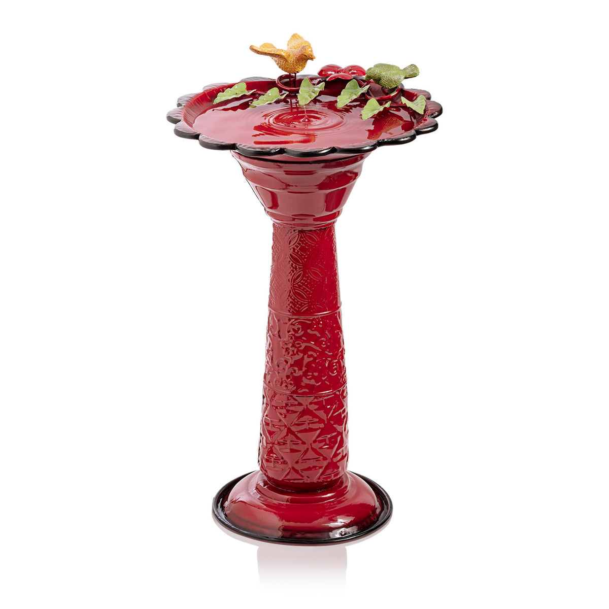 Alpine Corporation 28-inch red glossy birdbath attracts garden birds.