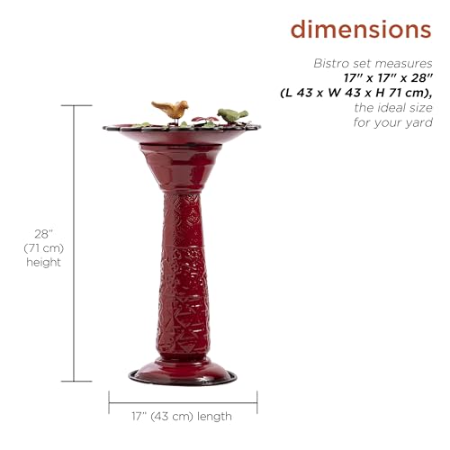 Red glossy birdbath with shallow basin invites multiple small birds.