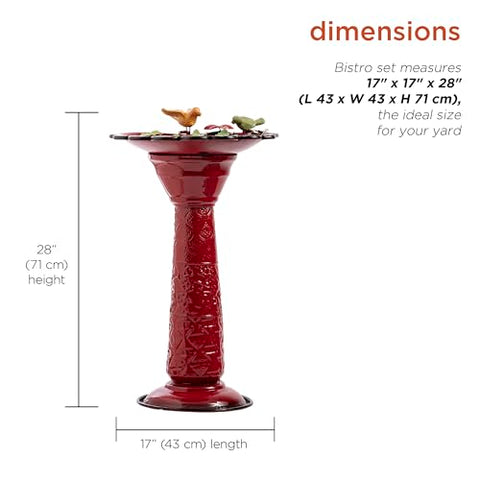 Red glossy birdbath with shallow basin invites multiple small birds.