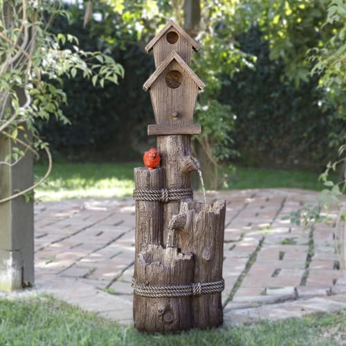 Alpine cardinal accent detail enhances garden focal point.