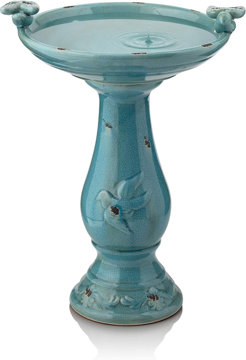 Alpine Corporation turquoise birdbath with two figurines invites birds to gather
