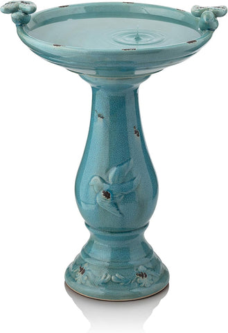 Alpine Corporation turquoise birdbath with two figurines invites birds to gather
