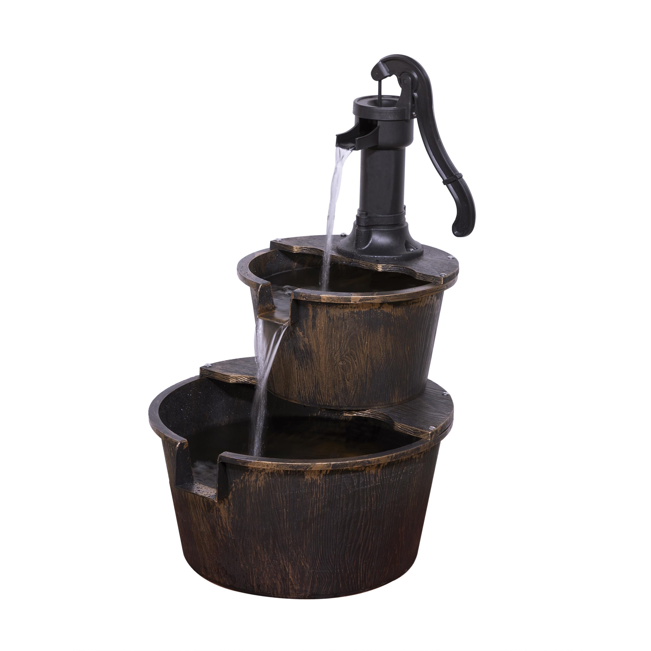 Alpine Corporation 27in bronze 2-tier barrel fountain showing rustic design and fountain spout
