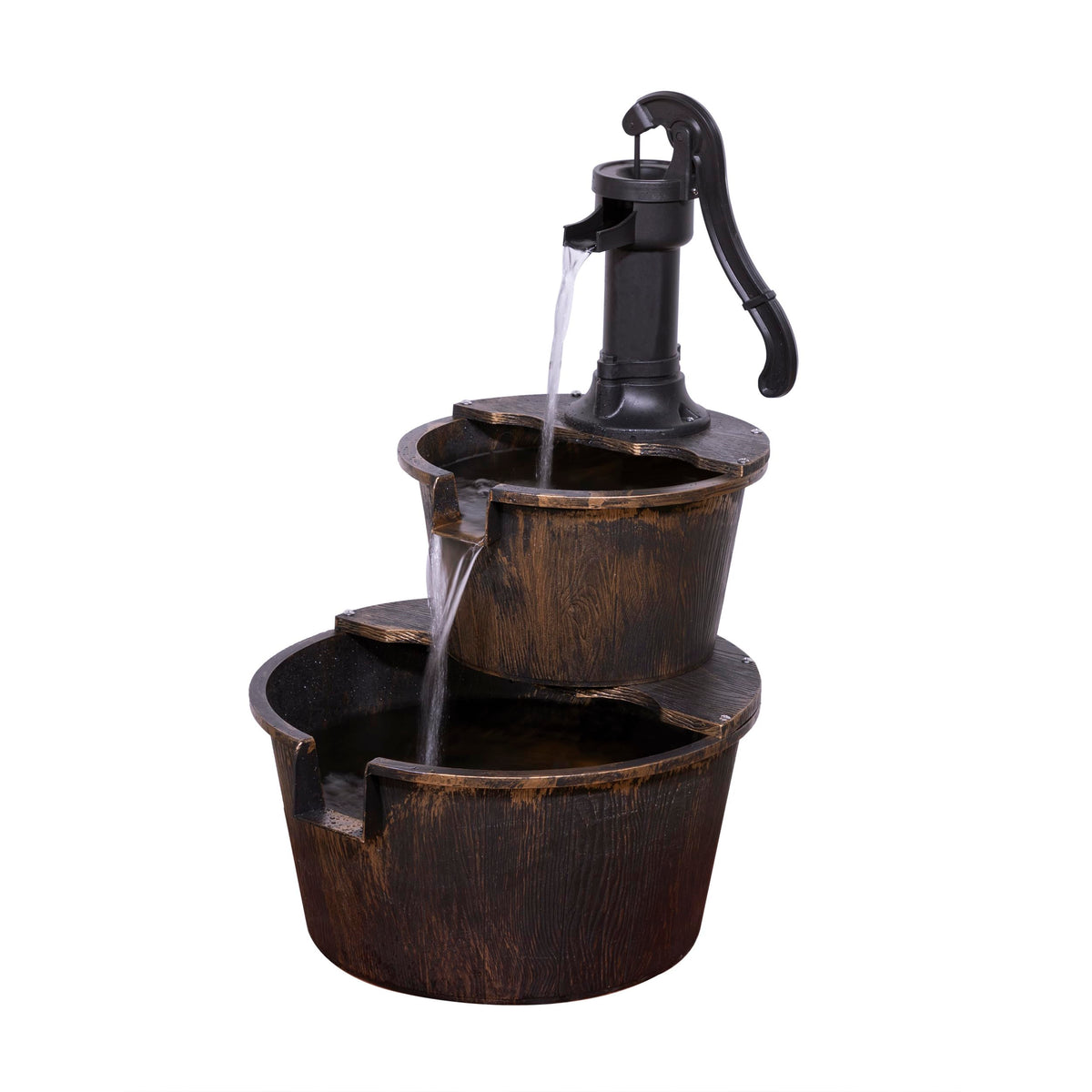 Alpine Corporation 27in bronze 2-tier barrel fountain showing rustic design and fountain spout
