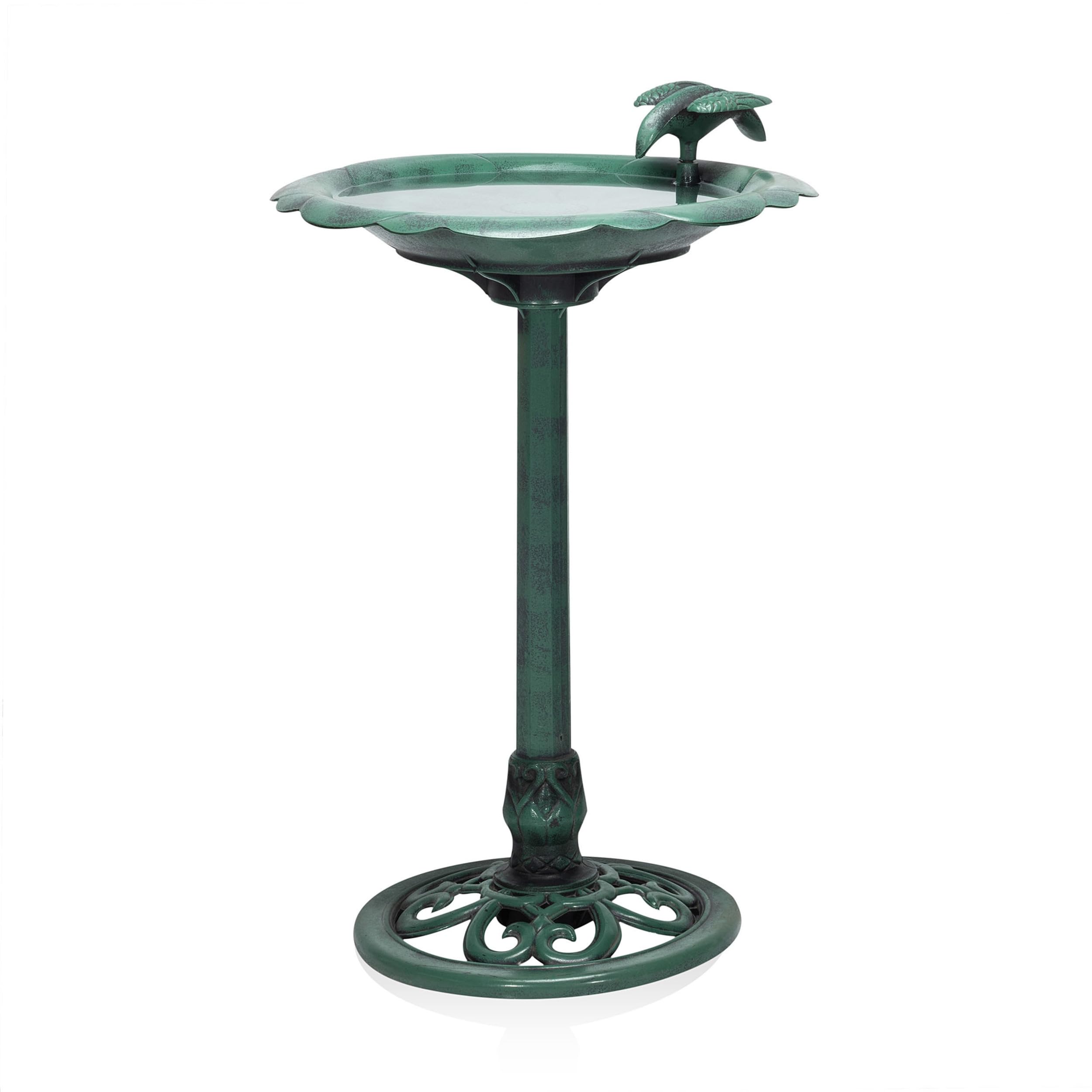 Alpine Corporation 31-inch birdbath with antique flower design attracts birds in gardens.