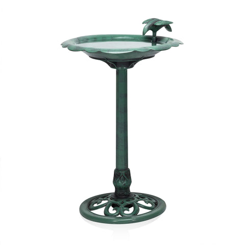 Alpine Corporation 31-inch birdbath with antique flower design attracts birds in gardens.