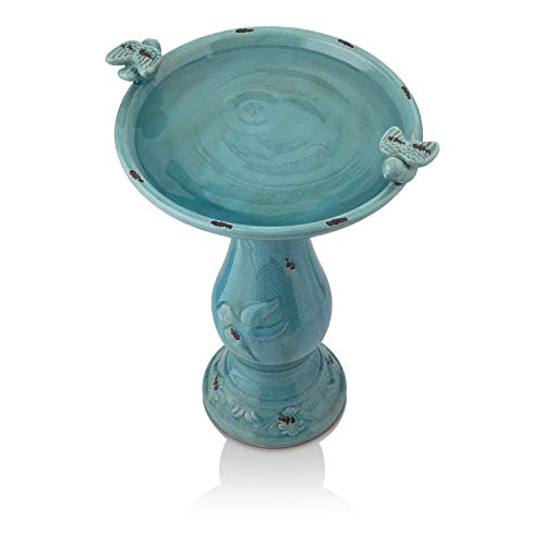 Alpine Corporation antique ceramic birdbath features a wide shallow basin for multiple birds
