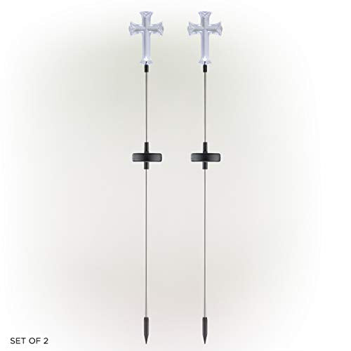 Solar powered LED cross stake from Alpine Corporation provides soft outdoor lighting.