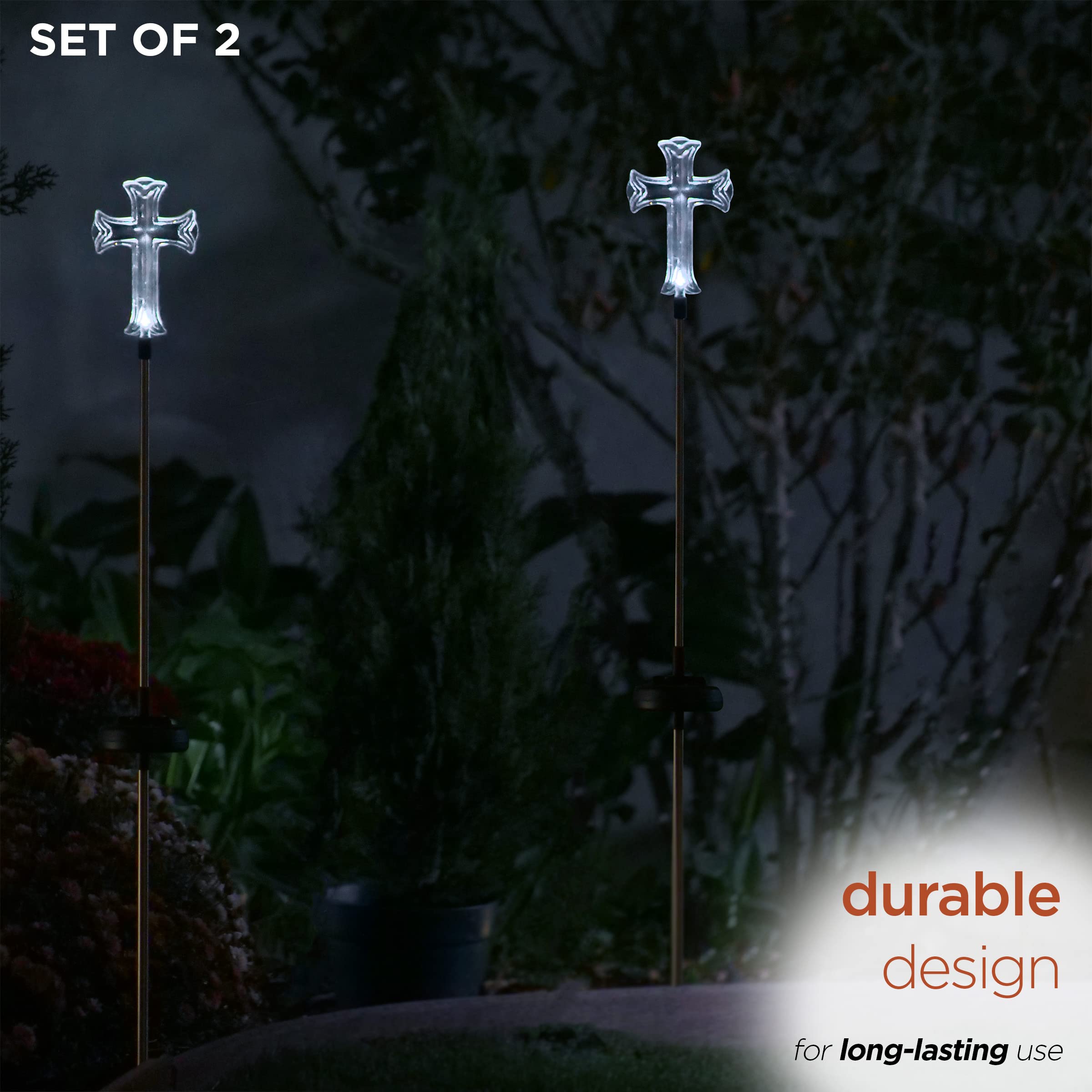 The cross silhouette complements spiritual spaces and remembrance areas in the landscape.