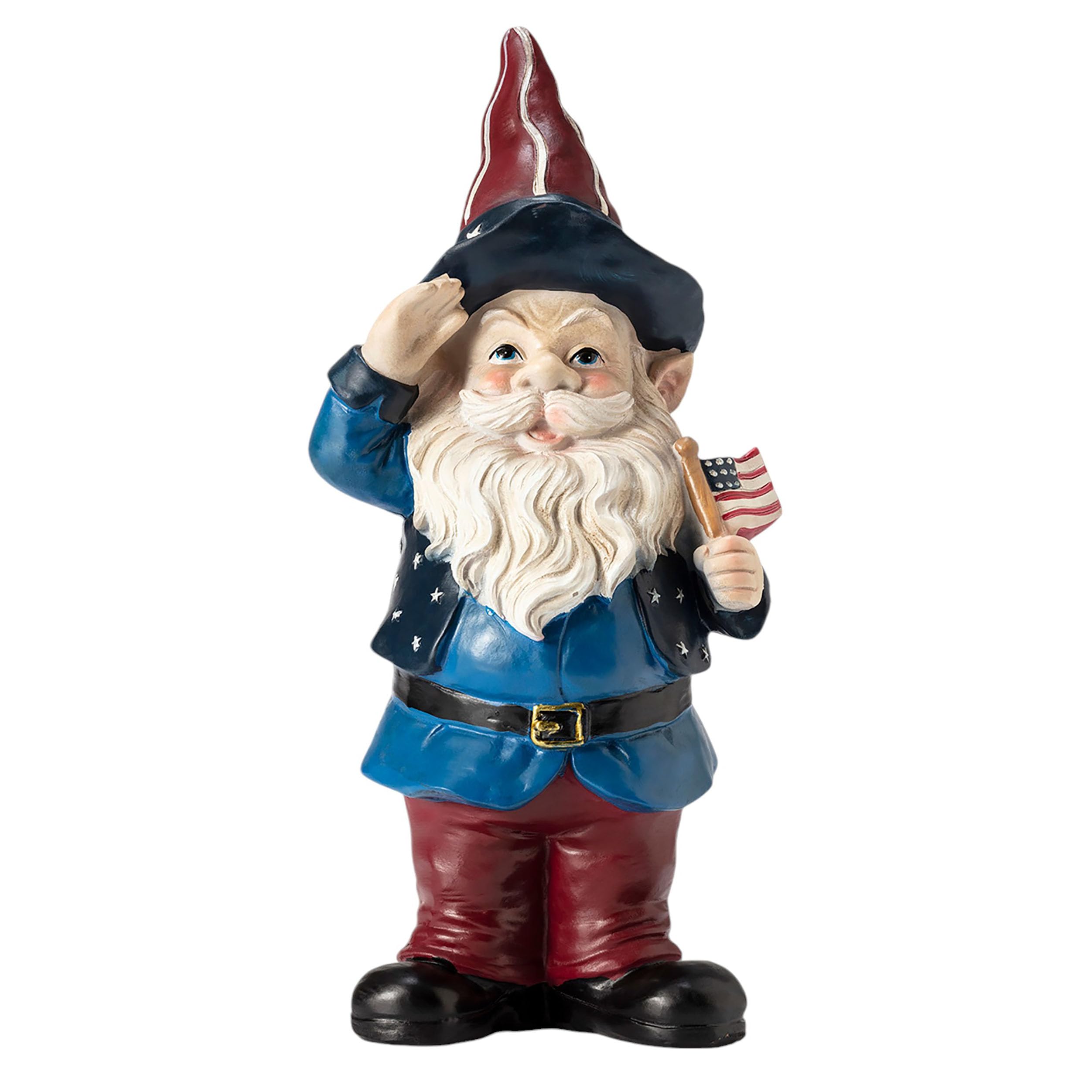 Alpine Corporation patriotic gnome saluting in a garden adds playful curb appeal.