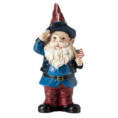 Alpine Corporation patriotic gnome saluting in a garden adds playful curb appeal.