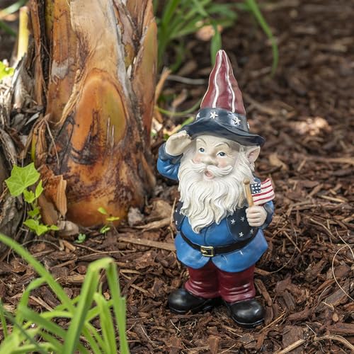 Alpine Corporation 12-inch gnome statue with red, white and blue detail brightens a patio.