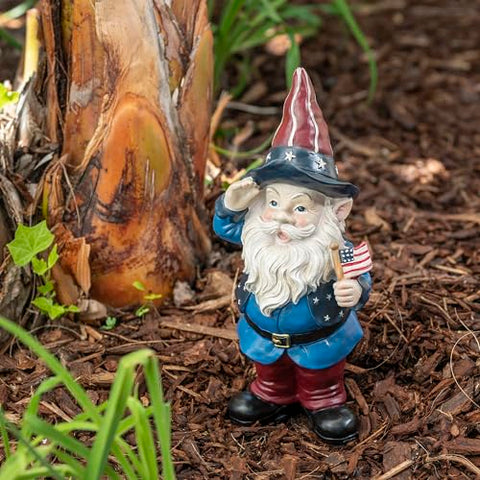 Alpine Corporation 12-inch gnome statue with red, white and blue detail brightens a patio.