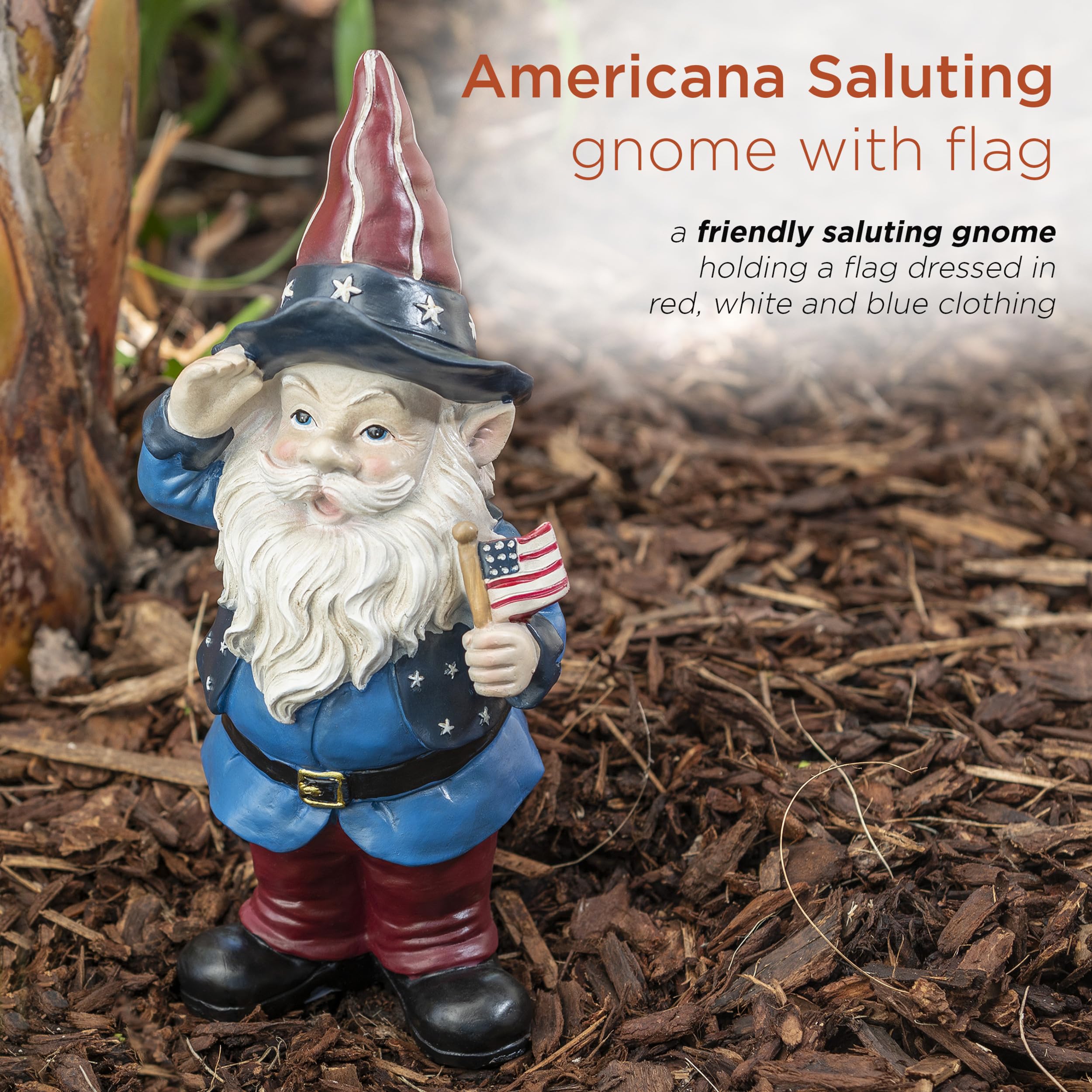 Alpine Corporation saluting gnome statue adds a nostalgic flag-themed focal point.