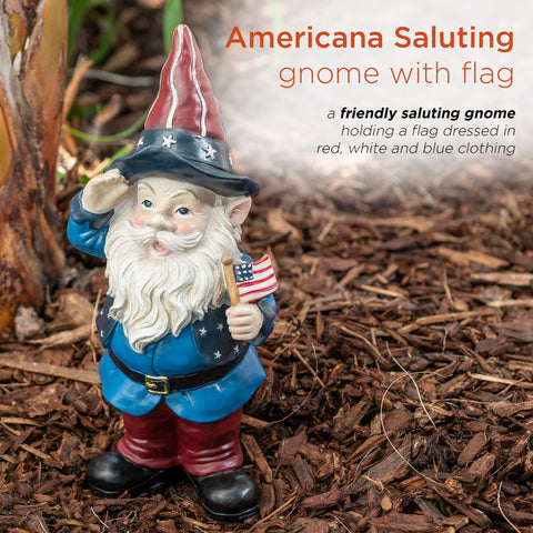 Alpine Corporation saluting gnome statue adds a nostalgic flag-themed focal point.