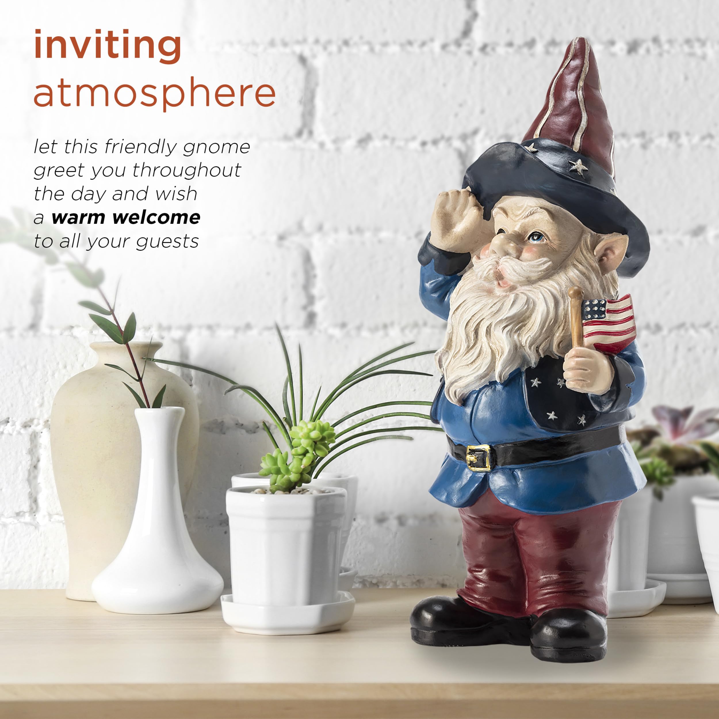 Alpine Corporation gnome statue resists rust and elements for long-lasting display.