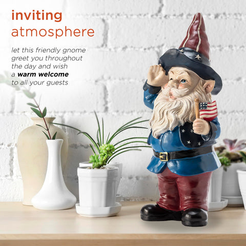 Alpine Corporation gnome statue resists rust and elements for long-lasting display.