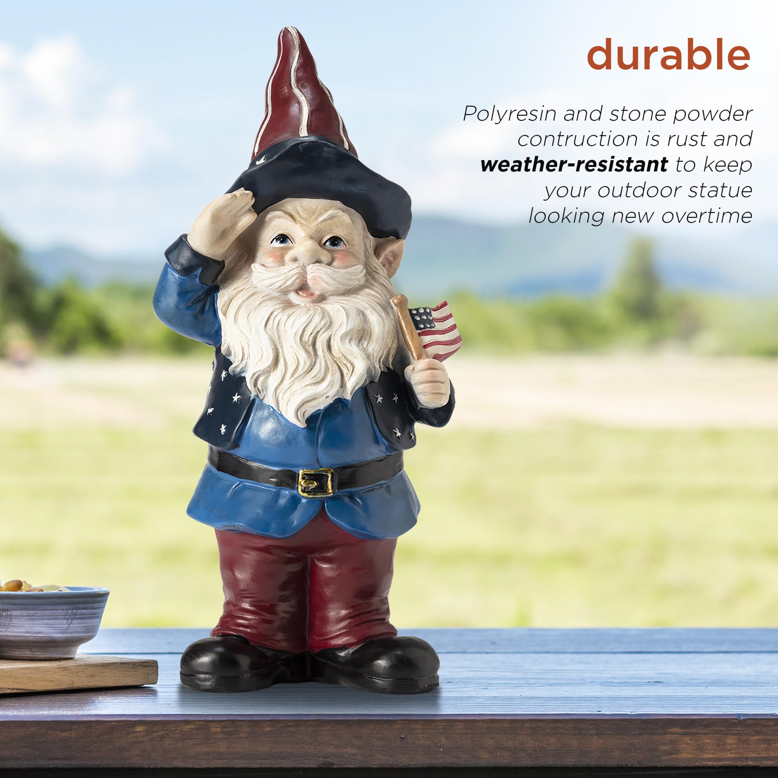 Alpine Corporation Americana gnome with stone-look finish complements garden corners.