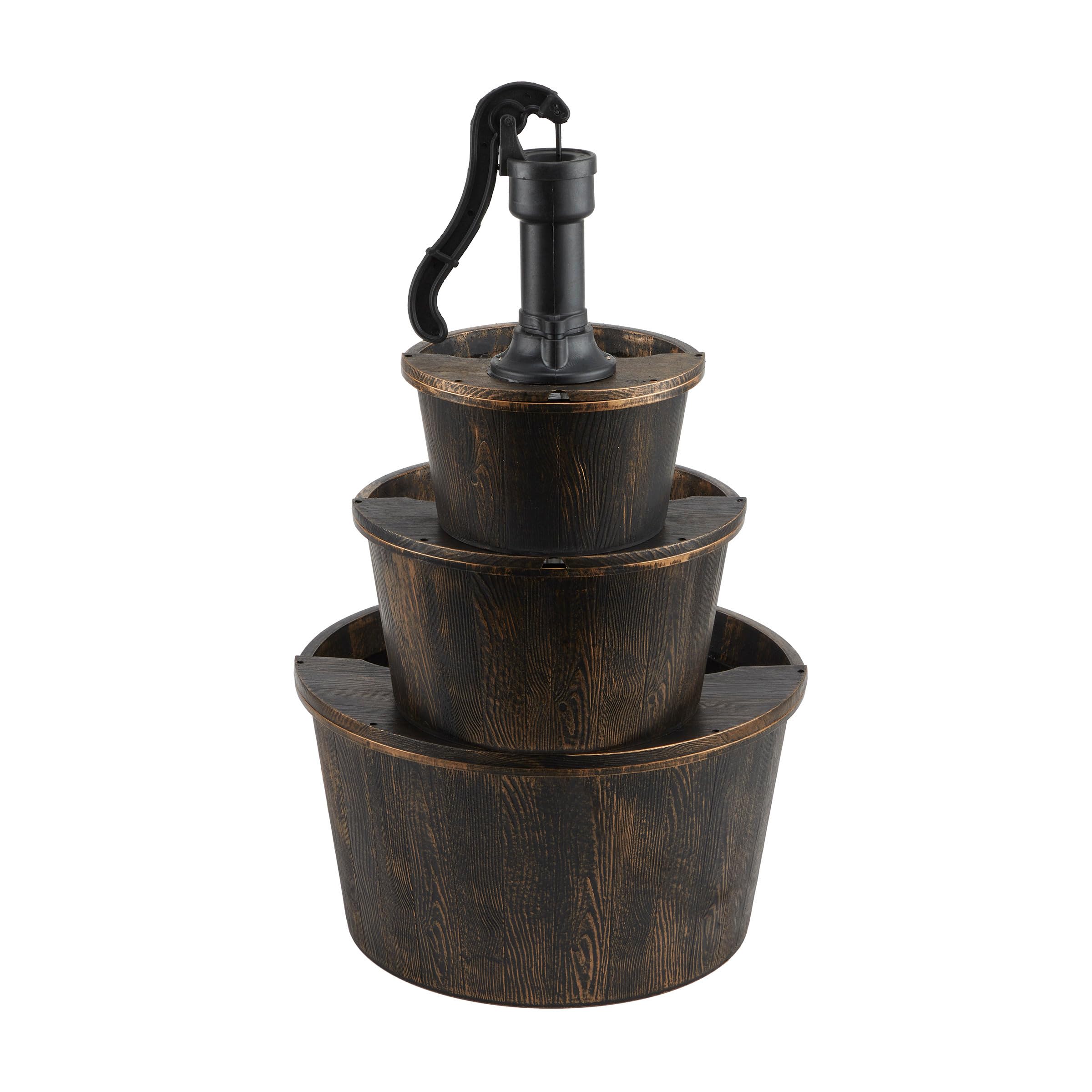 Dark brown rustic fountain blends with farmhouse or garden décor