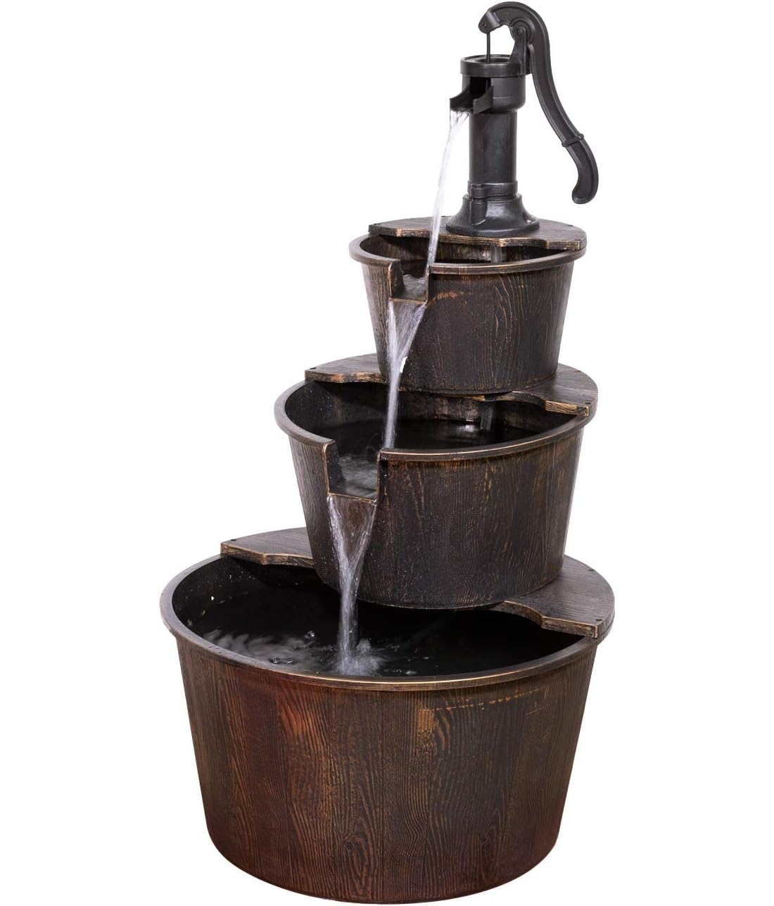 Alpine Corporation fountain front view with rustic pump and three barrels for garden ambiance