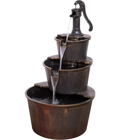 Alpine Corporation fountain front view with rustic pump and three barrels for garden ambiance