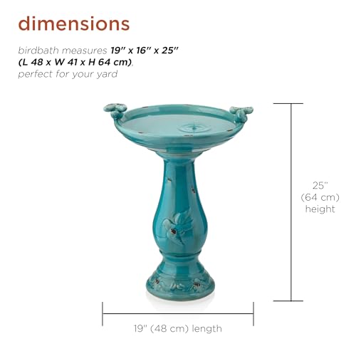 Alpine Corporation 25-inch pedestal birdbath highlights a durable turquoise antique finish