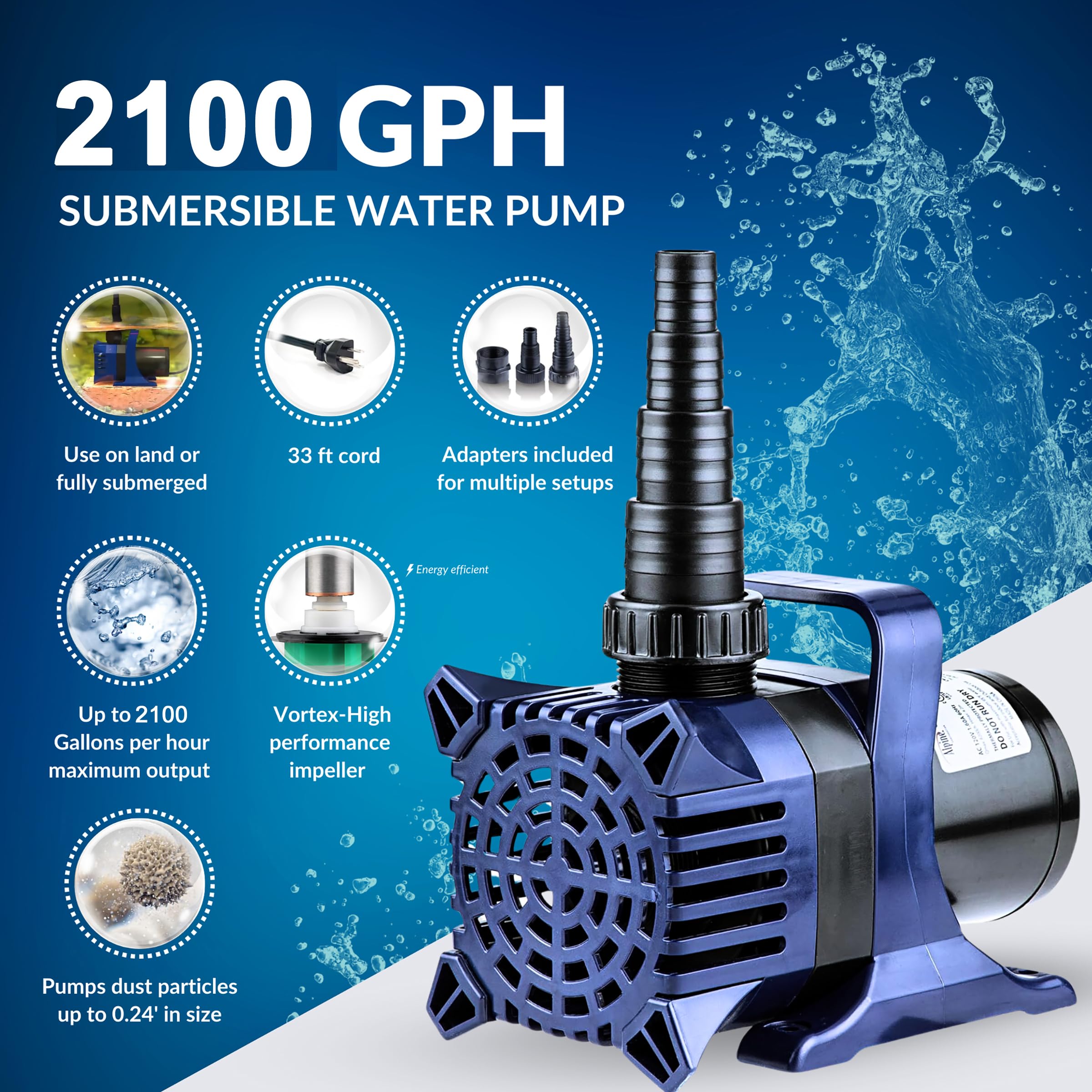 Alpine Cyclone Pump positioned for pond, fountain, or waterfall use.