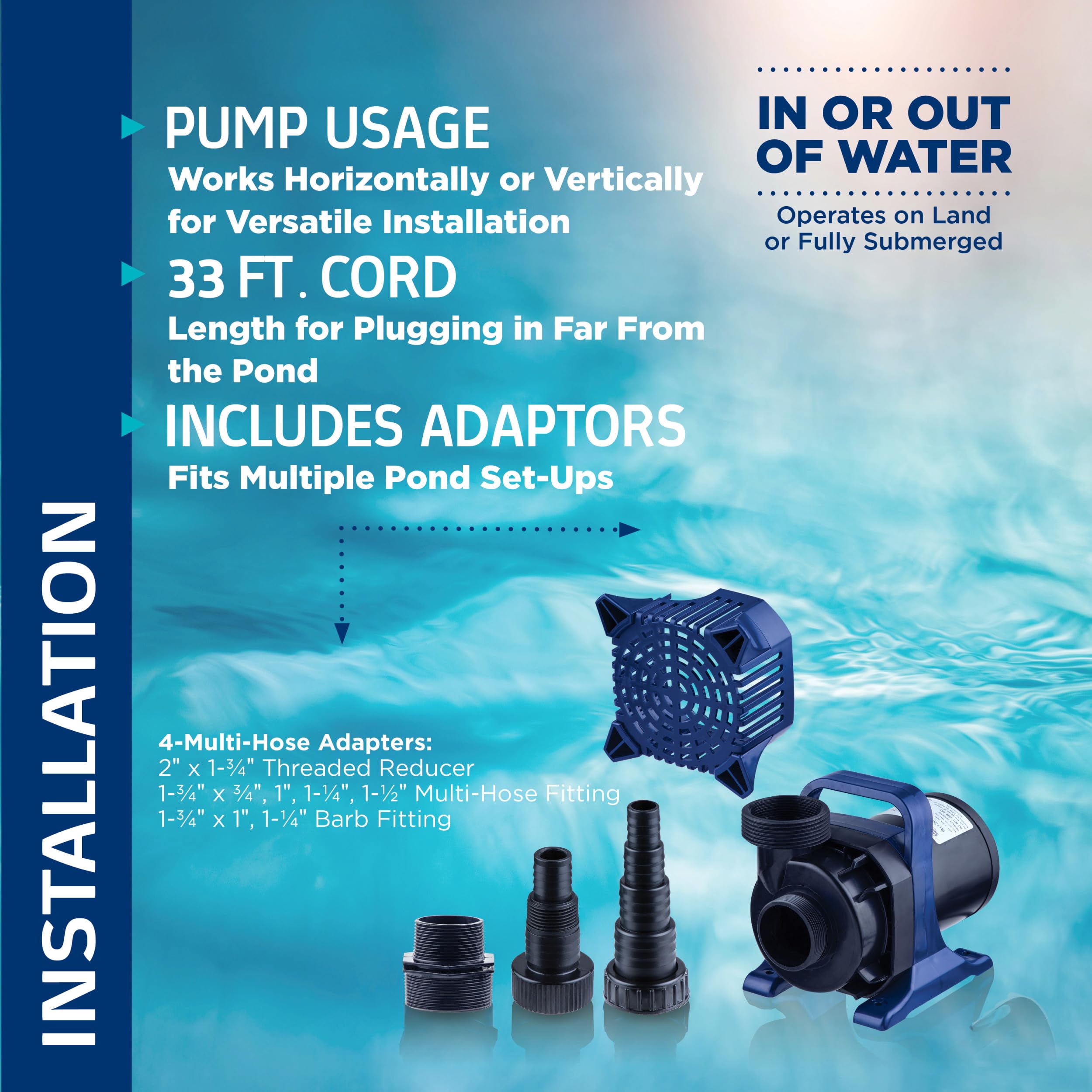 8000 GPH flow for strong pond circulation and aeration