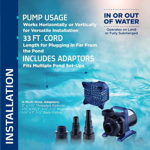 8000 GPH flow for strong pond circulation and aeration