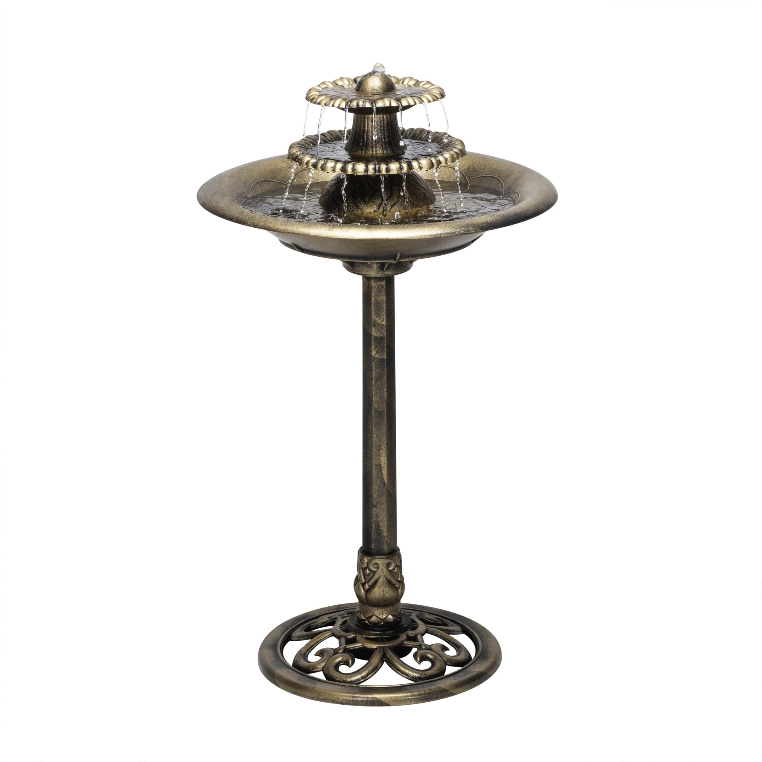 Alpine TEC106-BZ 35-inch three-tier fountain with cascading water for tranquil outdoor ambience.