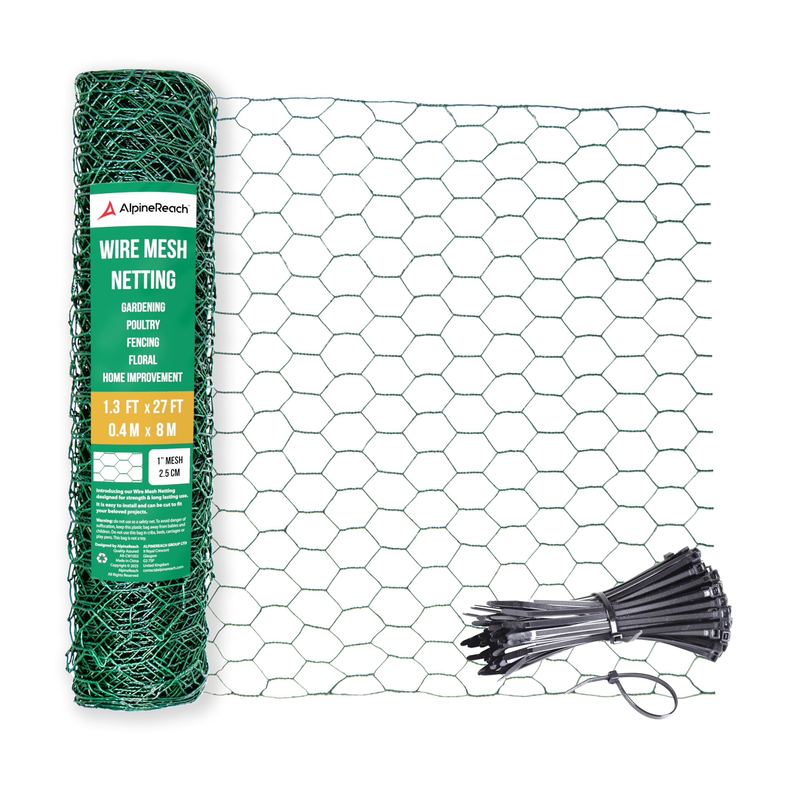 AlpineReach chicken wire roll with green hex mesh for gardening and crafts