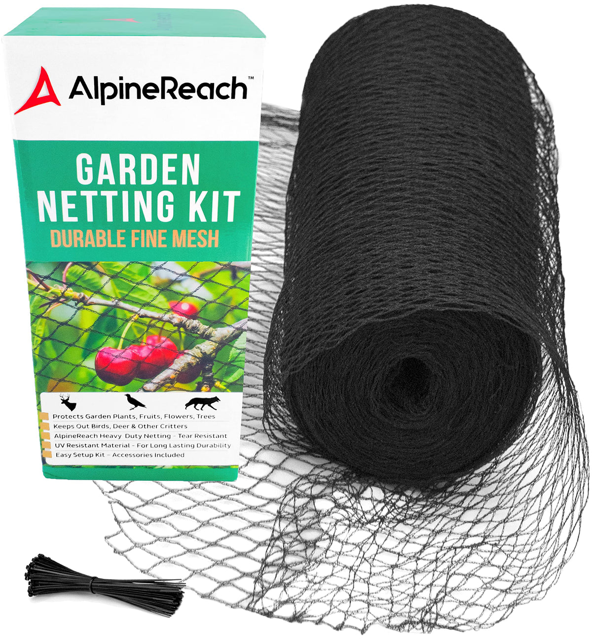AlpineReach Garden Netting, 7.5x100 heavy mesh, protects fruits and shrubs.