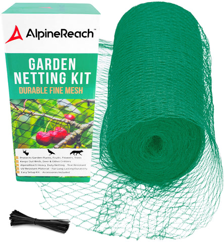 AlpineReach garden netting rolled out over a bed protecting fruit and vegetables from birds